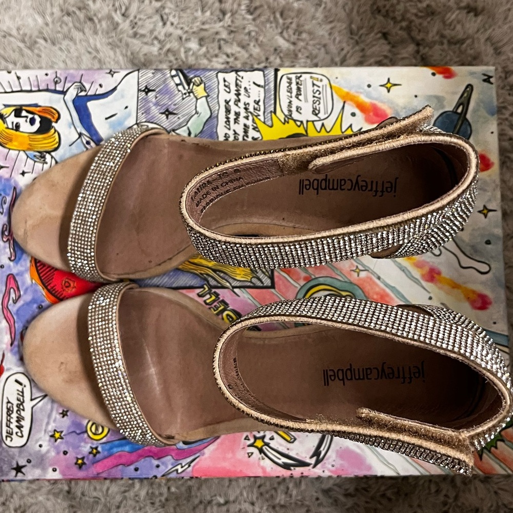 Jeffrey Campbell “Laura” nude suede champagne heels.
